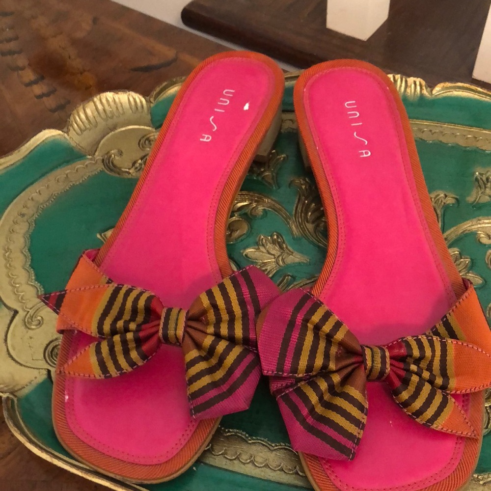 Unisa vintage Pink and Orange Sandals with plaid Bow Detail